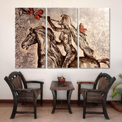 GORGEOUS HORSEWOMAN BEAUTIFUL AMAZON Fine Art Brown Tones Fine Art Artesty 3 panels 36" x 24" 