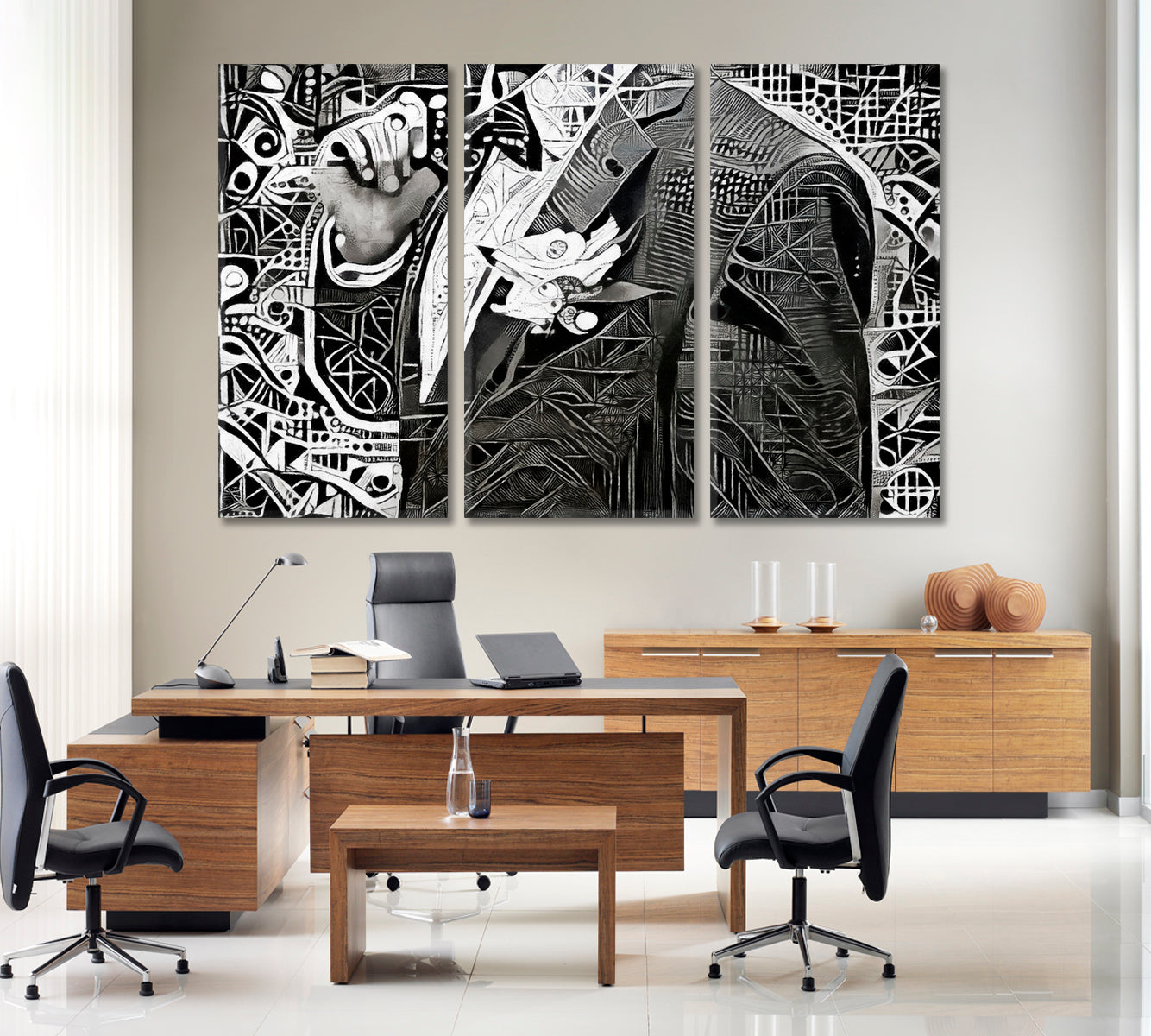 Man Jacket Bow Abstract Geometric Modern Cubism Futurism Black and White Wall Art Print Artesty 3 panels 36" x 24" 