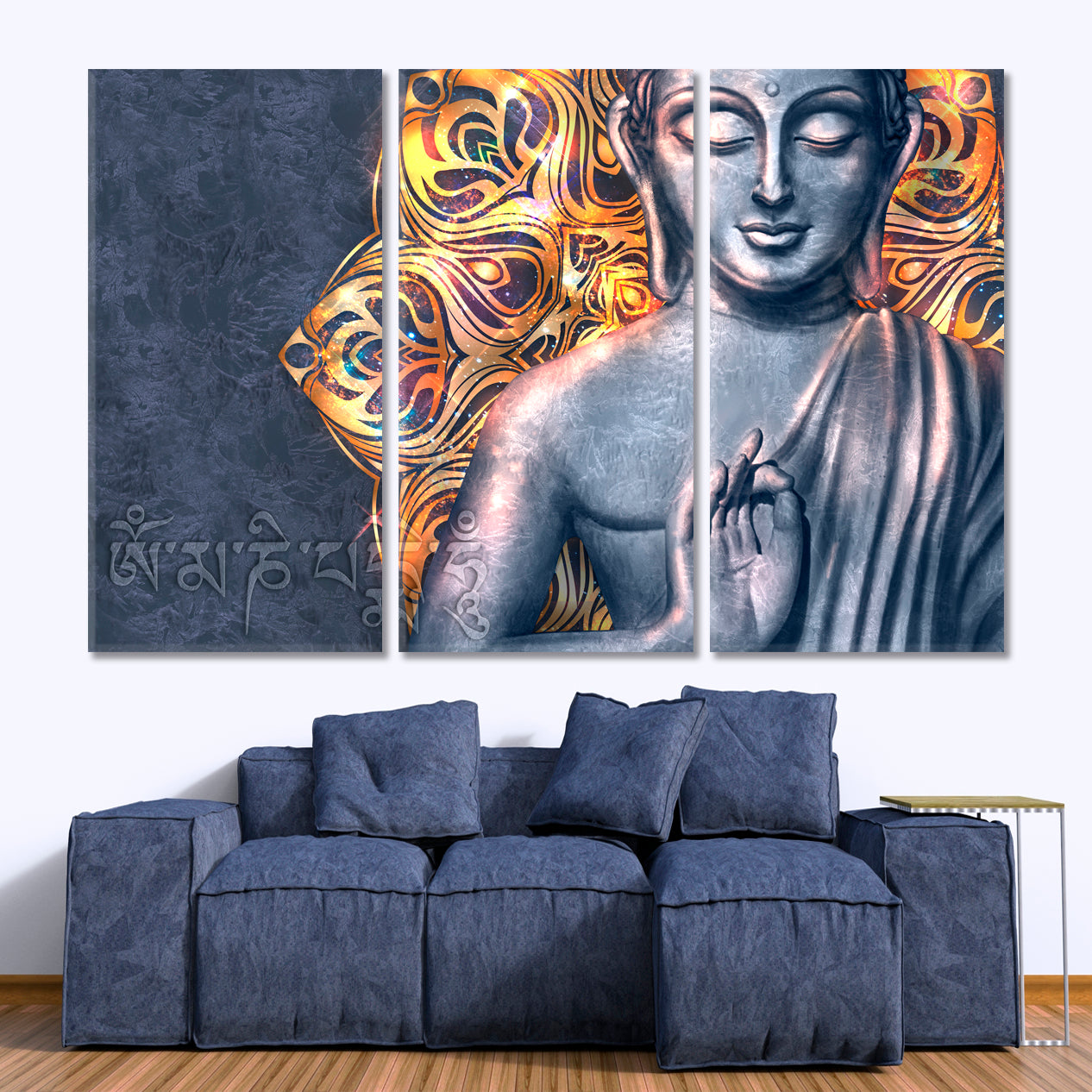 Bright Buddha Lotus Pose Mandala Mantra Om Mani Padme Hum Religious Modern Art Artesty 3 panels 36" x 24" 