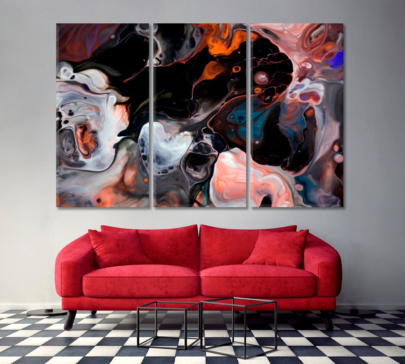 Colorful Abstract Acrylic Bubble Paints Splash Fluid Art, Oriental Marbling Canvas Print Artesty 3 panels 36" x 24" 