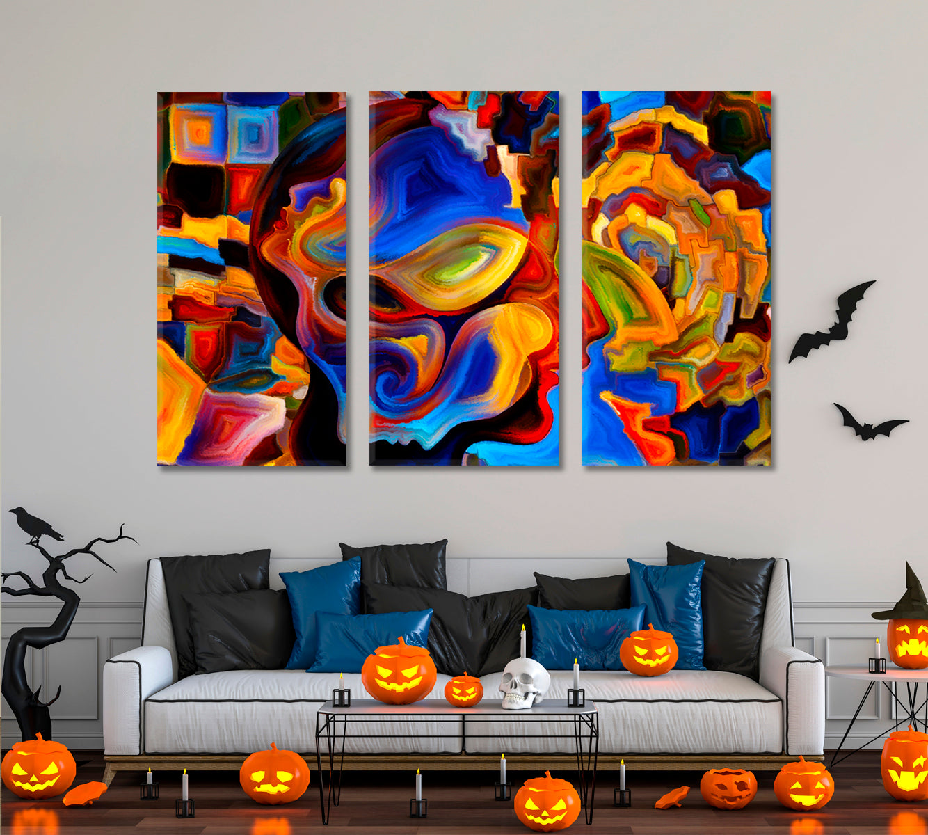 Human Face And Colorful Abstract Shapes Consciousness Art Artesty 3 panels 36" x 24" 