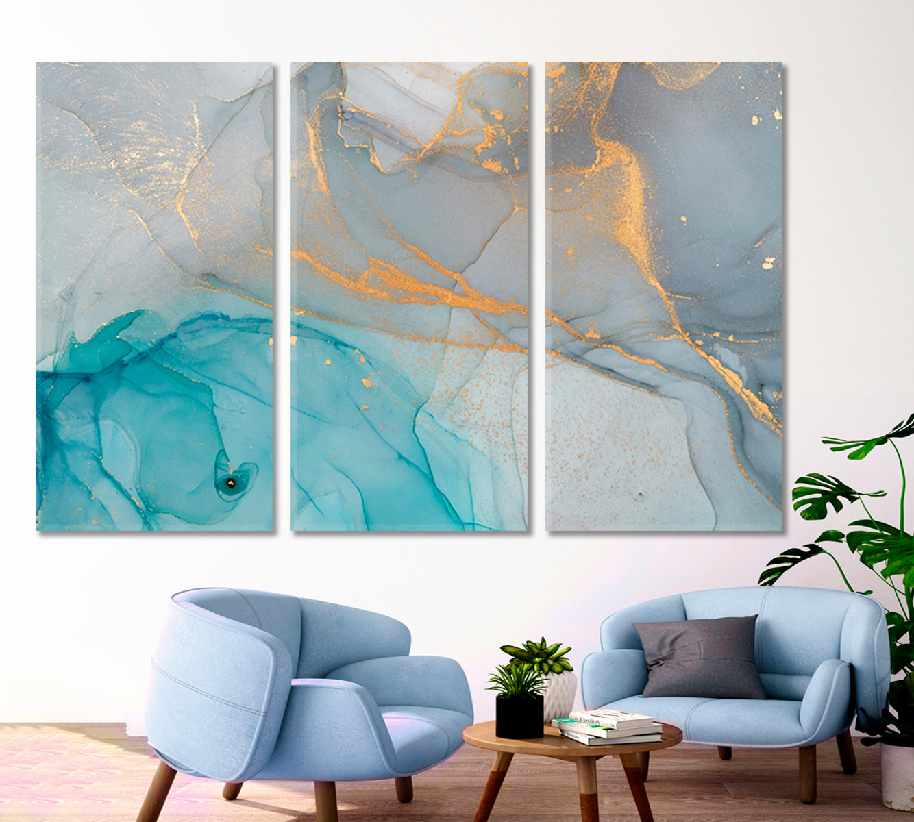 Blue Marble Color Pattern Creation Golden Veins Fluid Art, Oriental Marbling Canvas Print Artesty 3 panels 36" x 24" 