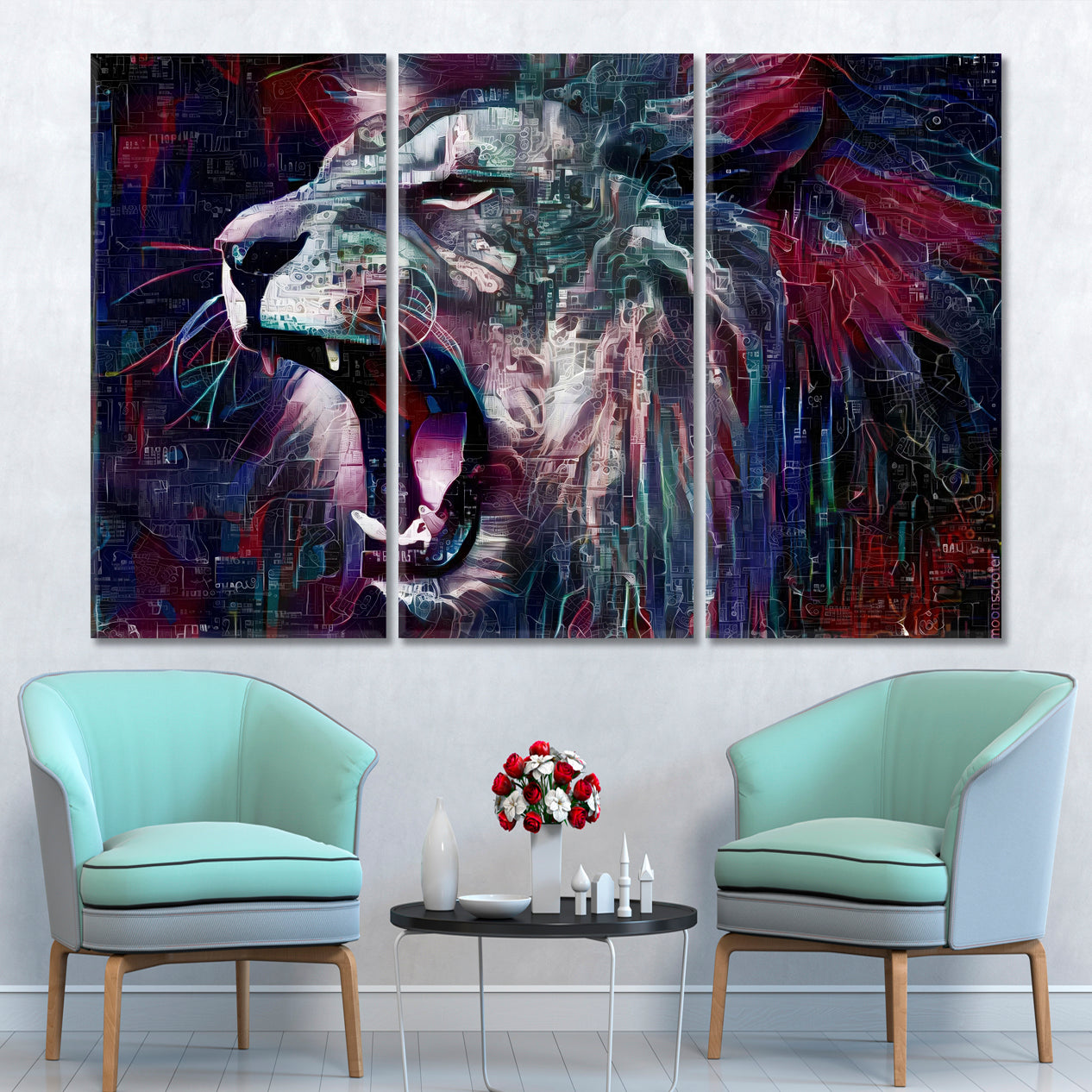 LION WILD BEAST Animals Abstract Modern Indigo Blue Plum Purple Animals Canvas Print Artesty 3 panels 36" x 24" 