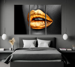 Golden Lipstick Gold Metal Lips Beauty African American Girl Beauty Salon Artwork Prints Artesty 3 panels 36" x 24" 
