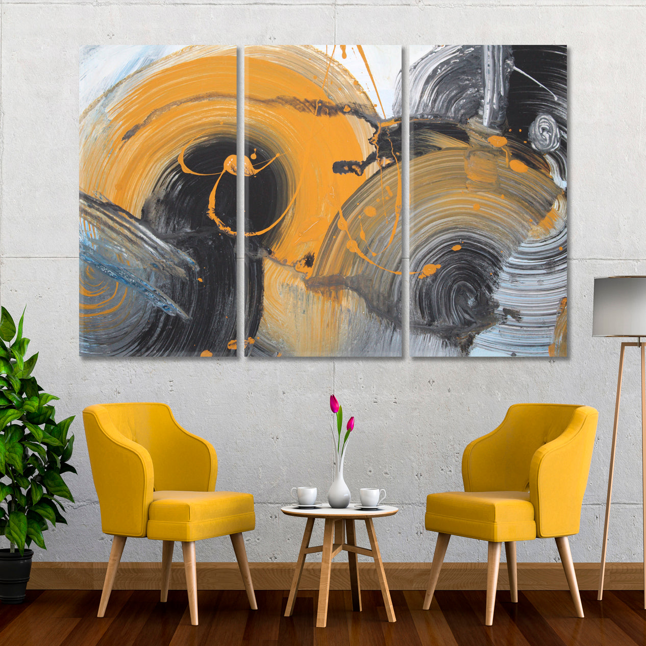 Black Grey White Yellow Colors Brushstrokes Abstract Trendy Style Contemporary Art Artesty 3 panels 36" x 24" 