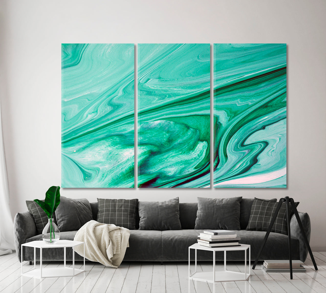 Abstract Colorful Green Stains Marble Ink Fluid Art, Oriental Marbling Canvas Print Artesty 3 panels 36" x 24" 