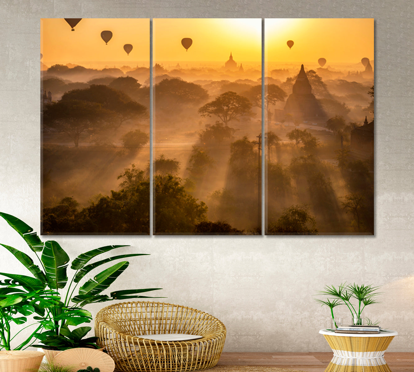 Buddhism Attraction Misty Landscape Sunrise Air Balloons Ancient Pagoda Myanmar Bagan Old Kingdom Burma Asia Asian Style Canvas Print Wall Art Artesty 3 panels 36" x 24" 