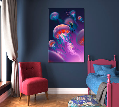 Large Jellyfish and Divers Purple Imagination Underwater Surreal Fantasy Large Art Print Décor Artesty   