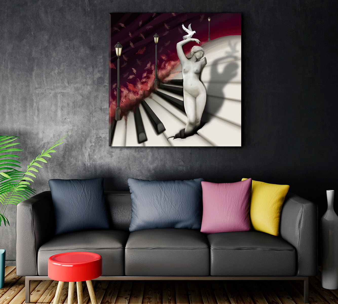 Woman Sculpture and Bird in Fantasy Piano World Abstract Artwork Music Wall Panels Artesty   
