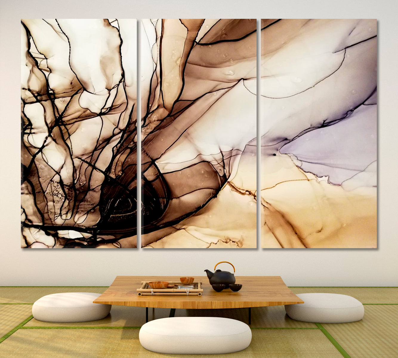 Brown Marble Ink Design Flowing Waves Marbled Blurred Translucent Fluid Art, Oriental Marbling Canvas Print Artesty 3 panels 36" x 24" 
