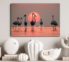 Asker Coast Greater Flamingos Amazing Coral Hue Sunset Dramatic Sky Wild Life Framed Art Artesty 1 panel 24" x 16" 