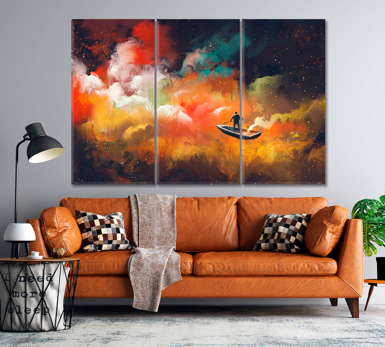 Surreal Dreamlike Man on Boat Outer Space Colorful Clouds Surreal Fantasy Large Art Print Décor Artesty   