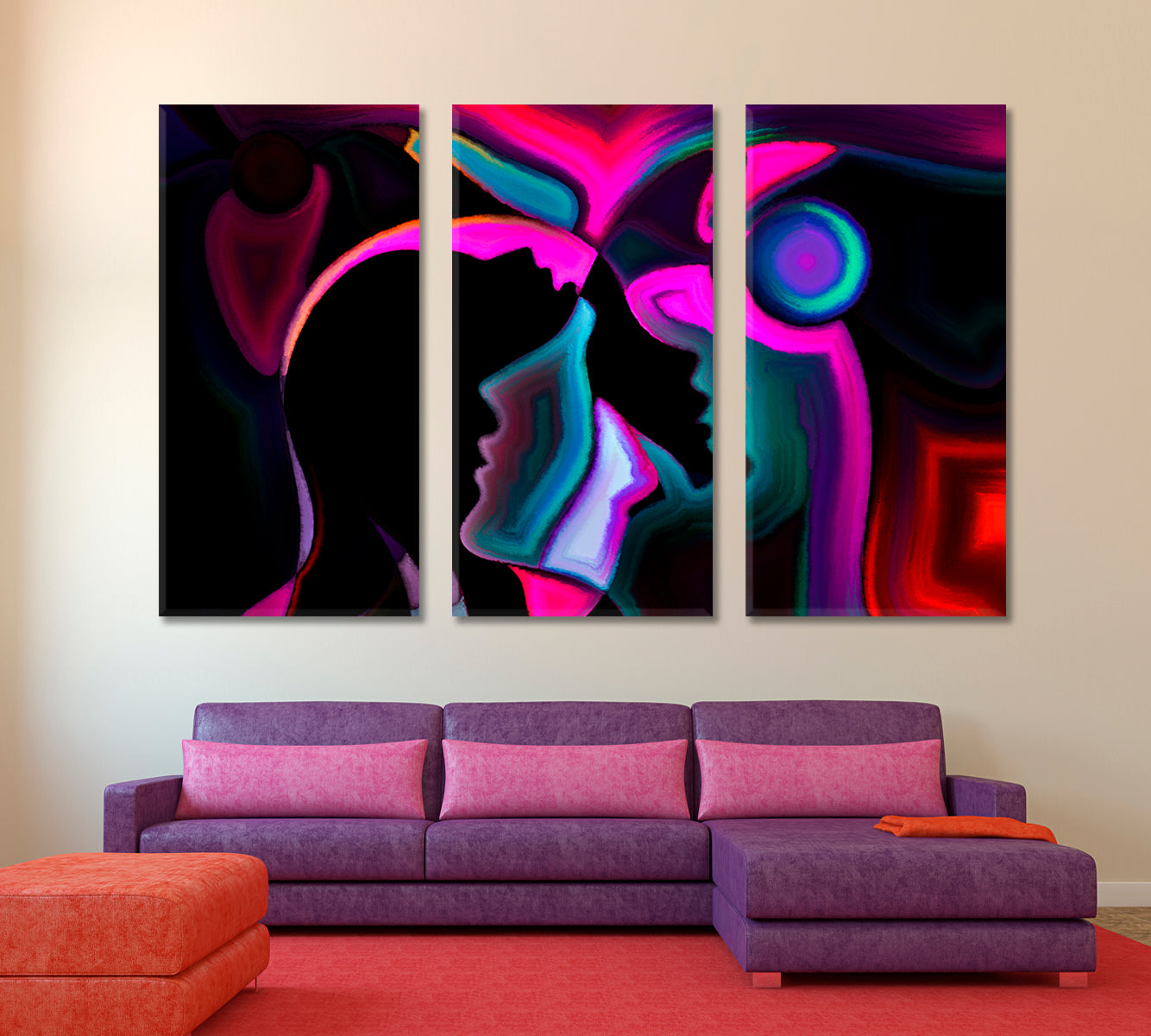 Inner World Human profiles and Colorful Shapes Abstract Art Print Artesty 3 panels 36" x 24" 