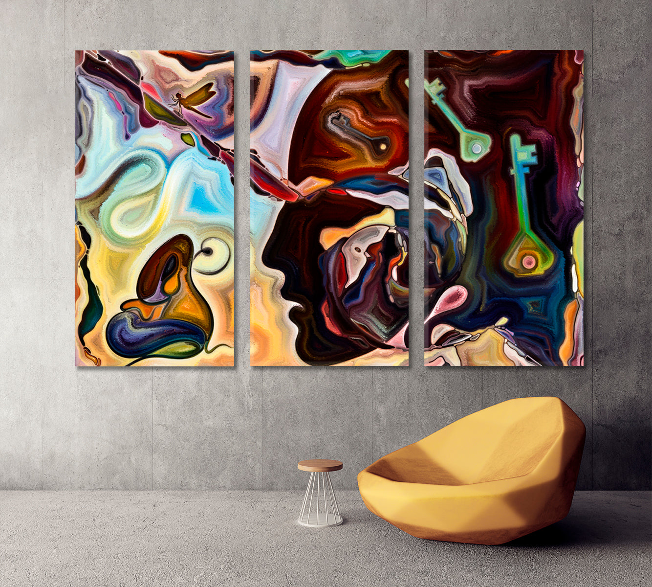 LIVES AND LIFE INSIDE A PAINTING Colorful Abstract Shapes Consciousness Art Artesty 3 panels 36" x 24" 