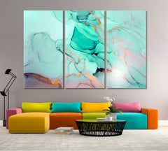 Turquoise Green Ink Paint Abstract Marble Fluid Art, Oriental Marbling Canvas Print Artesty 3 panels 36" x 24" 