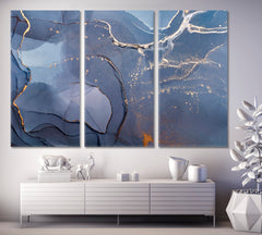 Dark Blue Modern Abstract Marble Fluid Art, Oriental Marbling Canvas Print Artesty 3 panels 36" x 24" 