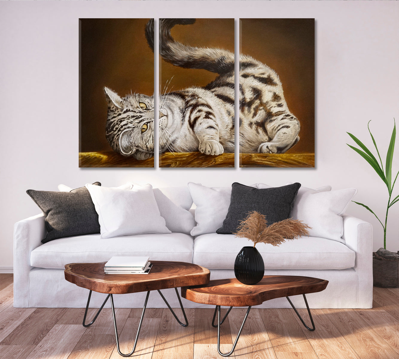 ADORABLE Cute Striped Cat Hot Look Whimsical Animals Fine Art Animals Canvas Print Artesty 3 panels 36" x 24" 