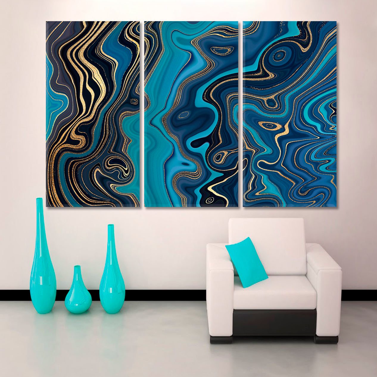 MARBLE EFFECT series Turquoise Navy Blue & Gold Abstract Swirl Artistic Design Giclée Print Fluid Art, Oriental Marbling Canvas Print Artesty 3 panels 36" x 24" 