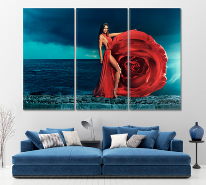 LADY IN RED Beautiful Woman Portrait Photo Art Artesty 3 panels 36" x 24" 