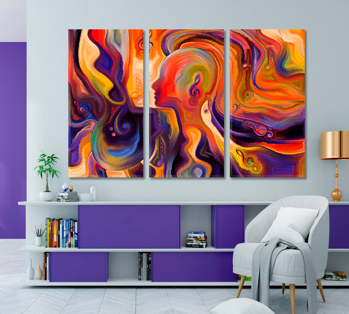 VIBRANT MODERN ART Inner Consciousness Vivid Coral and Purple Abstract Art Print Artesty 3 panels 36" x 24" 