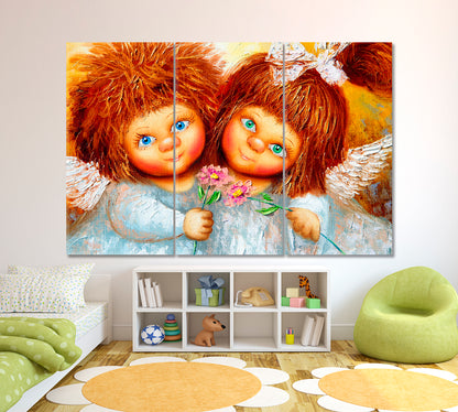 Two Cute Little Girls Angels with Shaggy Red Hair Fine Art Canvas Print Kids Room Canvas Art Print Artesty 3 panels 36" x 24" 