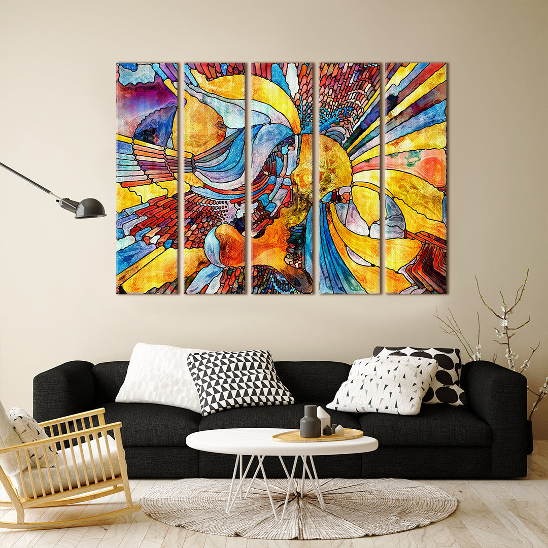 ABSTRACT MODERN ART Futuristic Expressionist Stained Glass Patterns Contemporary Art Artesty 5 panels 36" x 24" 