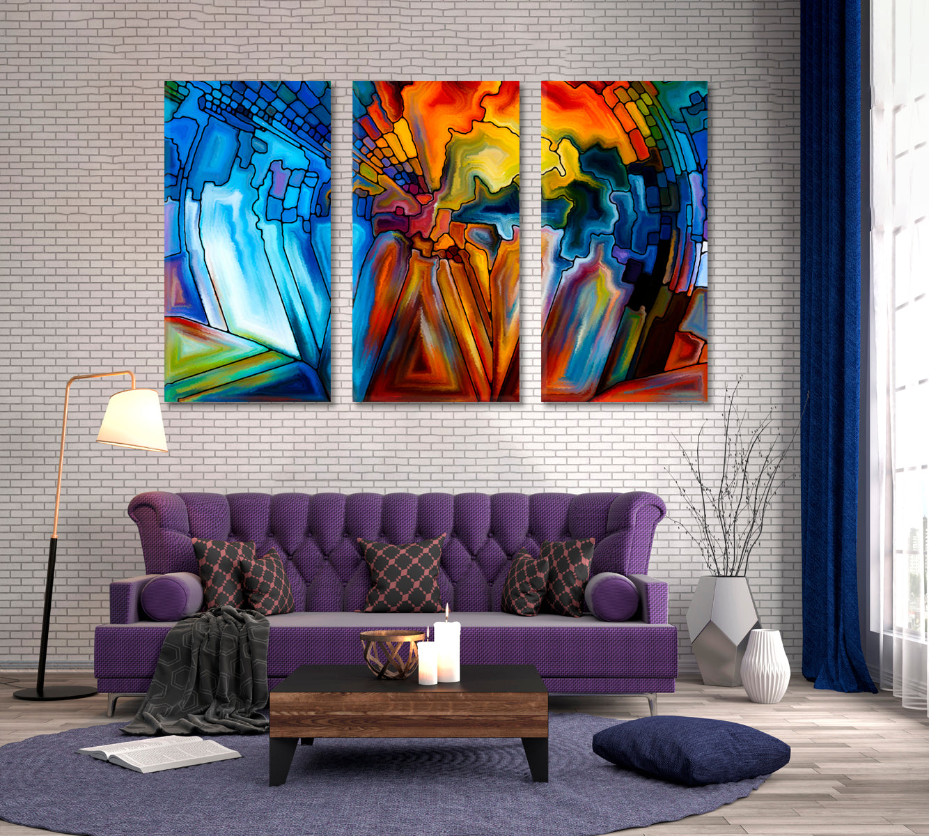 Stained Glass Pattern Abstraction Abstract Art Print Artesty 3 panels 36" x 24" 