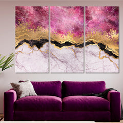 Abstract Pink Marble with Veins Stone Pattern Gold Foil Glitter Fluid Art, Oriental Marbling Canvas Print Artesty 3 panels 36" x 24" 