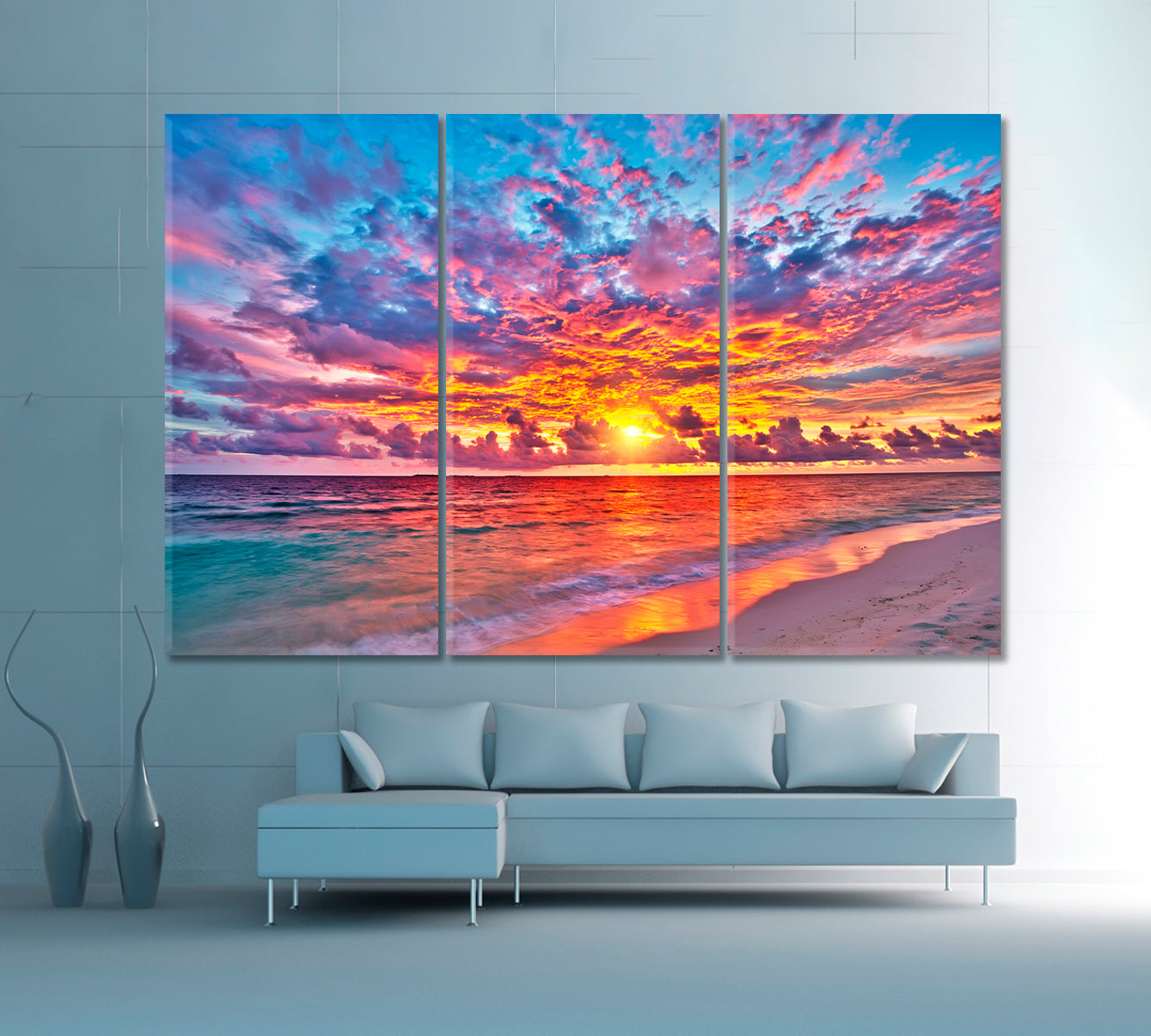 Colorful Sunset Maldives Scenery Landscape Fine Art Print Artesty 3 panels 36" x 24" 