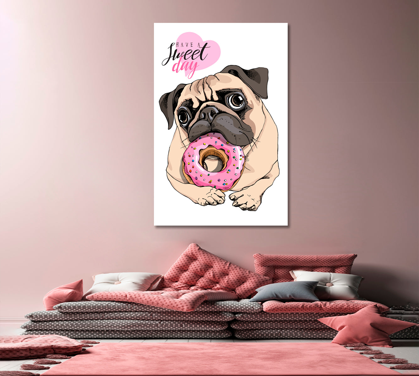 KIDS ART Adorable Cute Beige Puppy Pug Pink Donut Canvas Print | Vertical Animals Canvas Print Artesty   