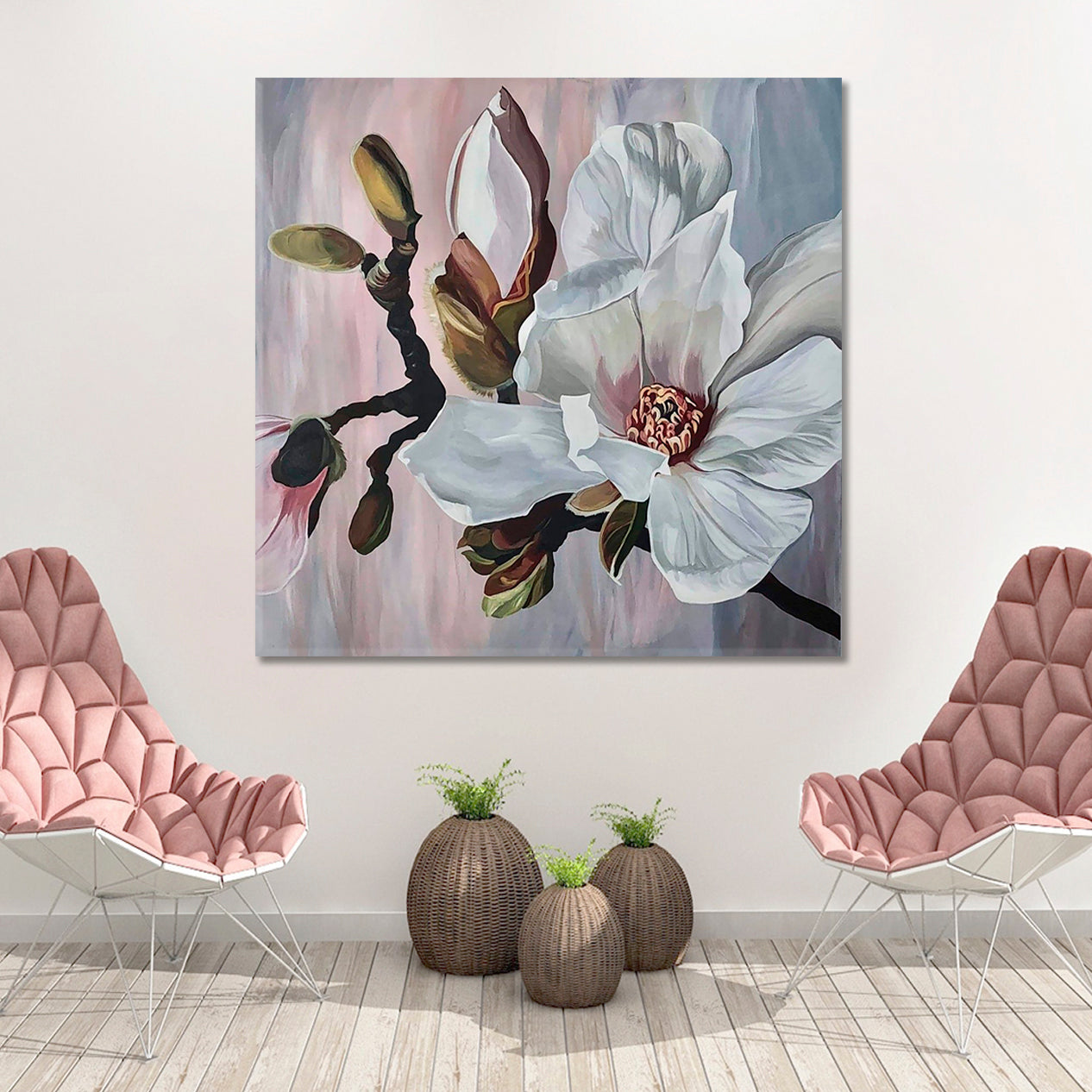 MAGNOLIE Most Tender Large Flowers Pastel Colors Best Floral Canvas Print | Square Panel Floral & Botanical Split Art Artesty   