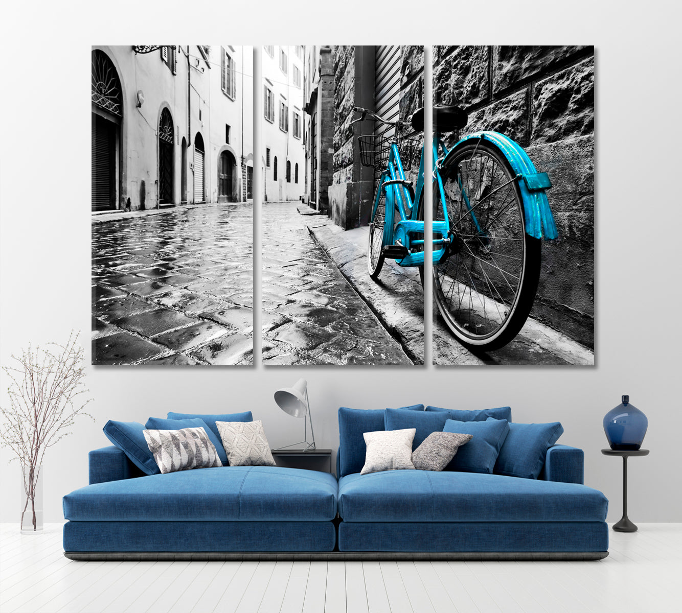 Retro Blue Bicycle Old Town Black and White Vintage Style Cities Wall Art Artesty 3 panels 36" x 24" 