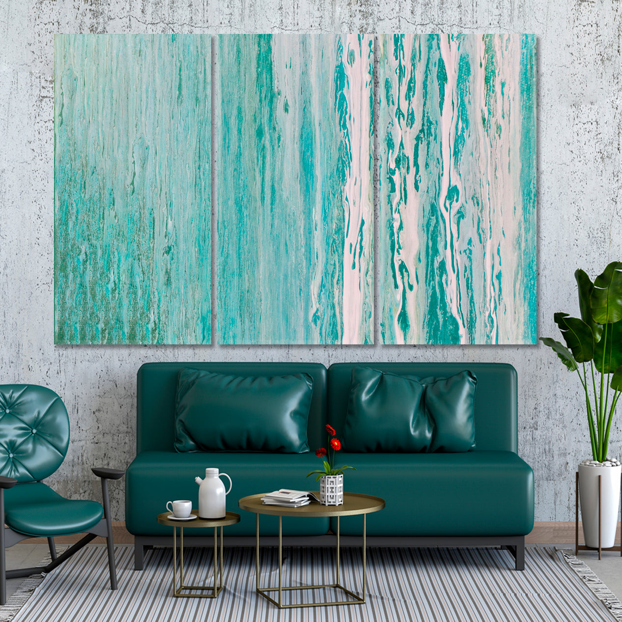 DRENCHED Turquoise Blue Abstract Fluid Acrylic Pattern Fluid Art, Oriental Marbling Canvas Print Artesty 3 panels 36" x 24" 