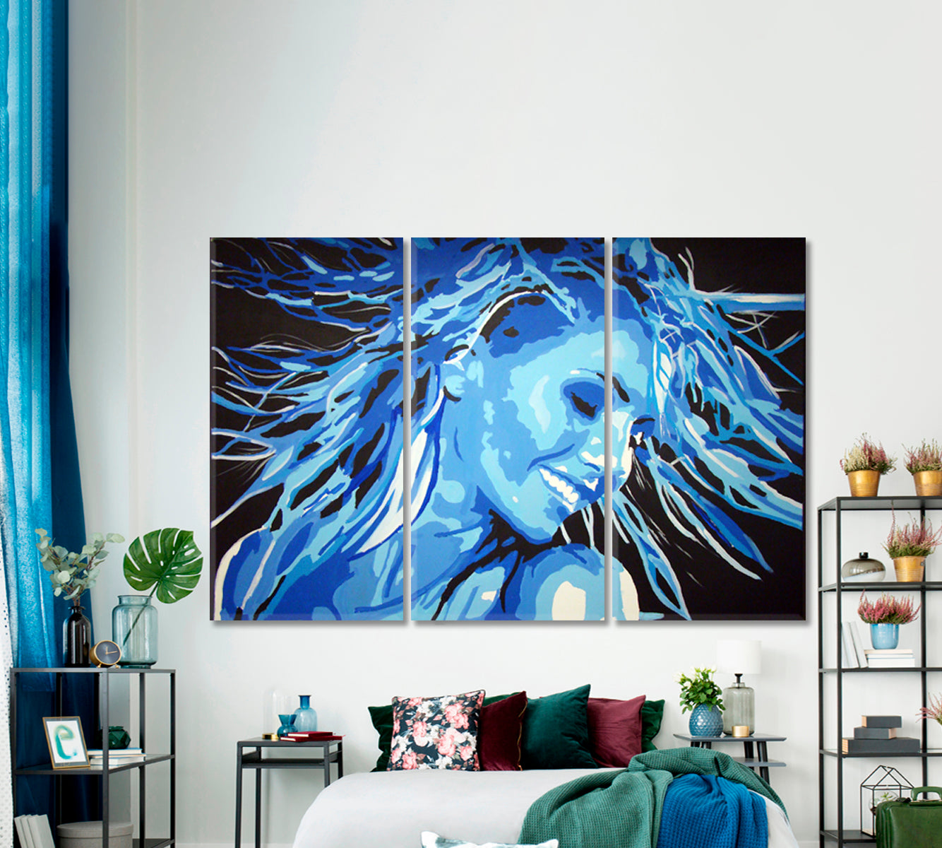 BLUE SMILE Fluttering Hair Fashion Art Portrait Hairstyle Beauty Contemporary Art Artesty 3 panels 36" x 24" 