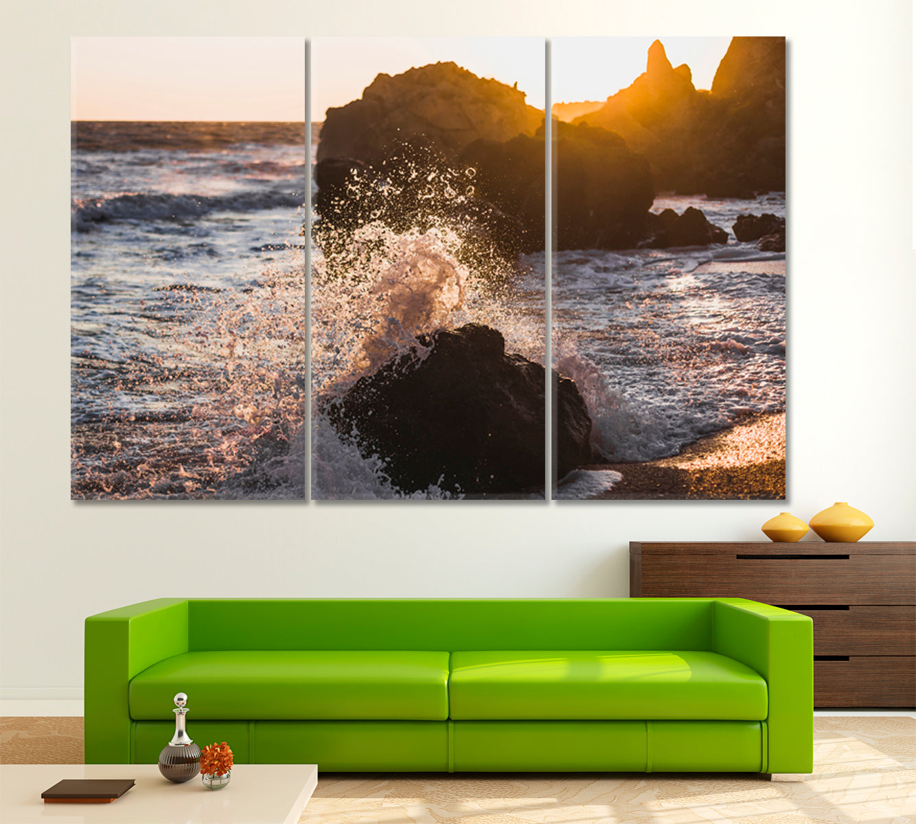 Waves Crashing on Rocks Sunlight Sea Marina Scenery Seascape Nature Wall Canvas Print Artesty 3 panels 36" x 24" 