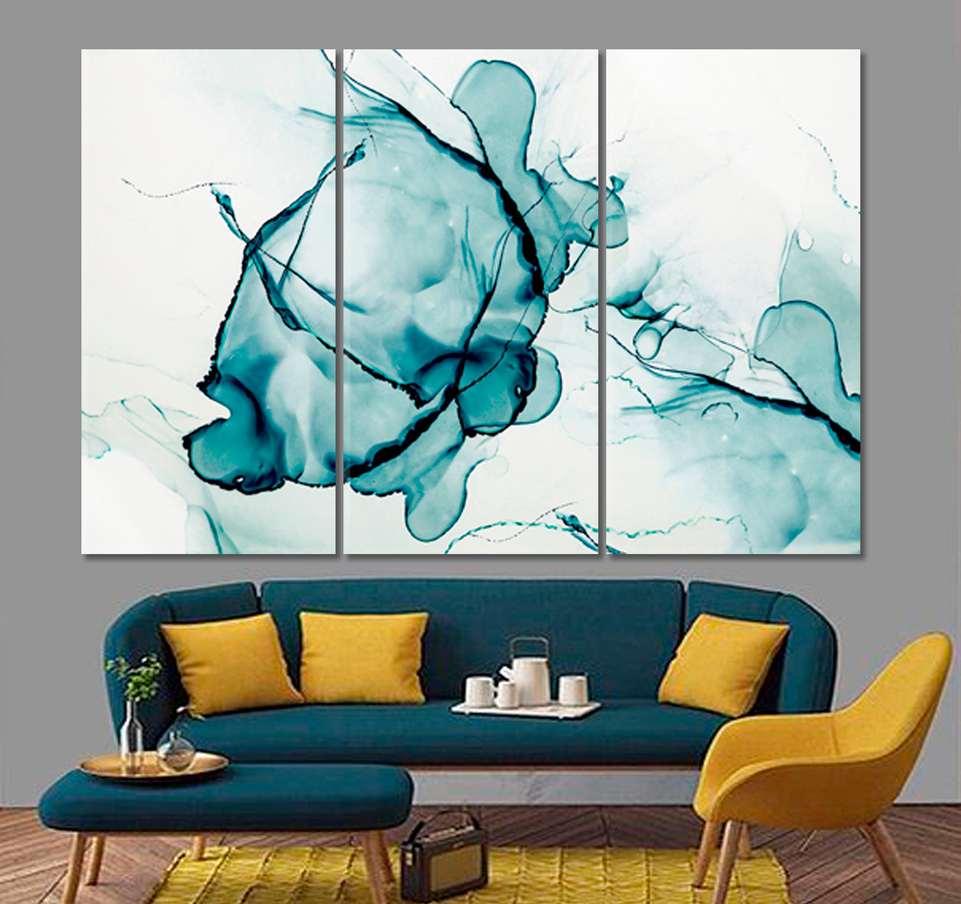 Turquoise Marble Transparent Creative Abstract Trendy Ink Colors Fluid Art, Oriental Marbling Canvas Print Artesty 3 panels 36" x 24" 