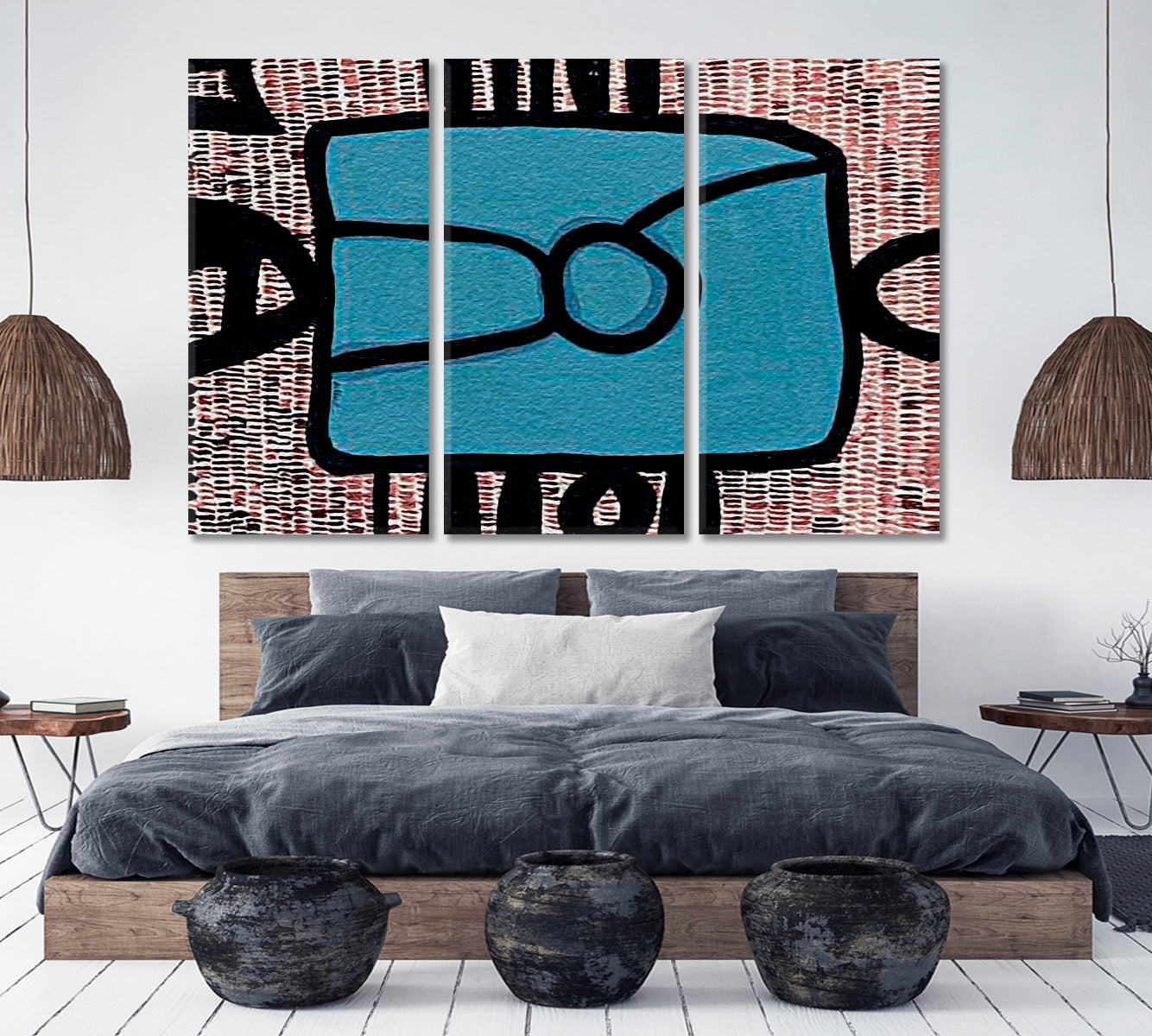 Trendy Abstract Expressionism Geometric Figurative Art Black Blue Brown Abstract Art Print Artesty 3 panels 36" x 24" 