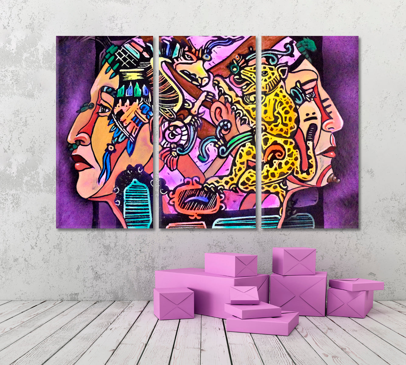 AZTEC Fantasy Warrior Picasso Motives Cubism Contemporary Art Artesty 3 panels 36" x 24" 