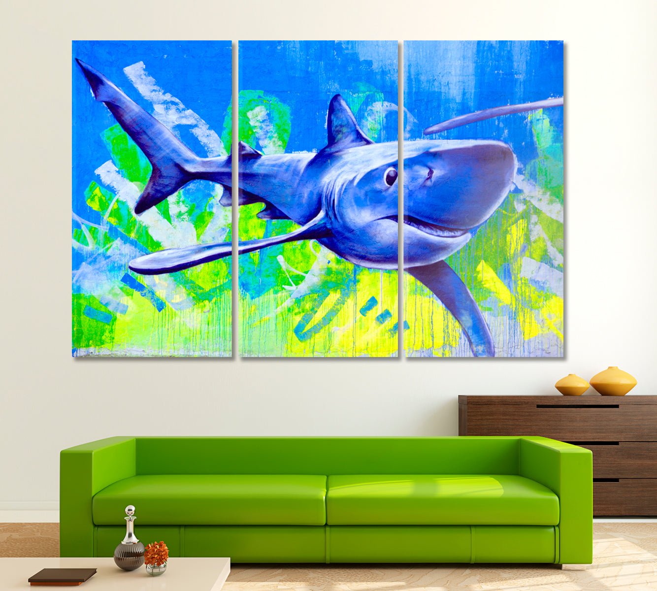 SHARK San Diego CA USA Street Art Abstract Vibrant Graffiti Canvas Print Animals Canvas Print Artesty 3 panels 36" x 24" 