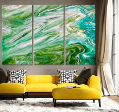 Marble Effect Green Abstract Fluid Acrylic Pattern Fluid Art, Oriental Marbling Canvas Print Artesty 3 panels 36" x 24" 