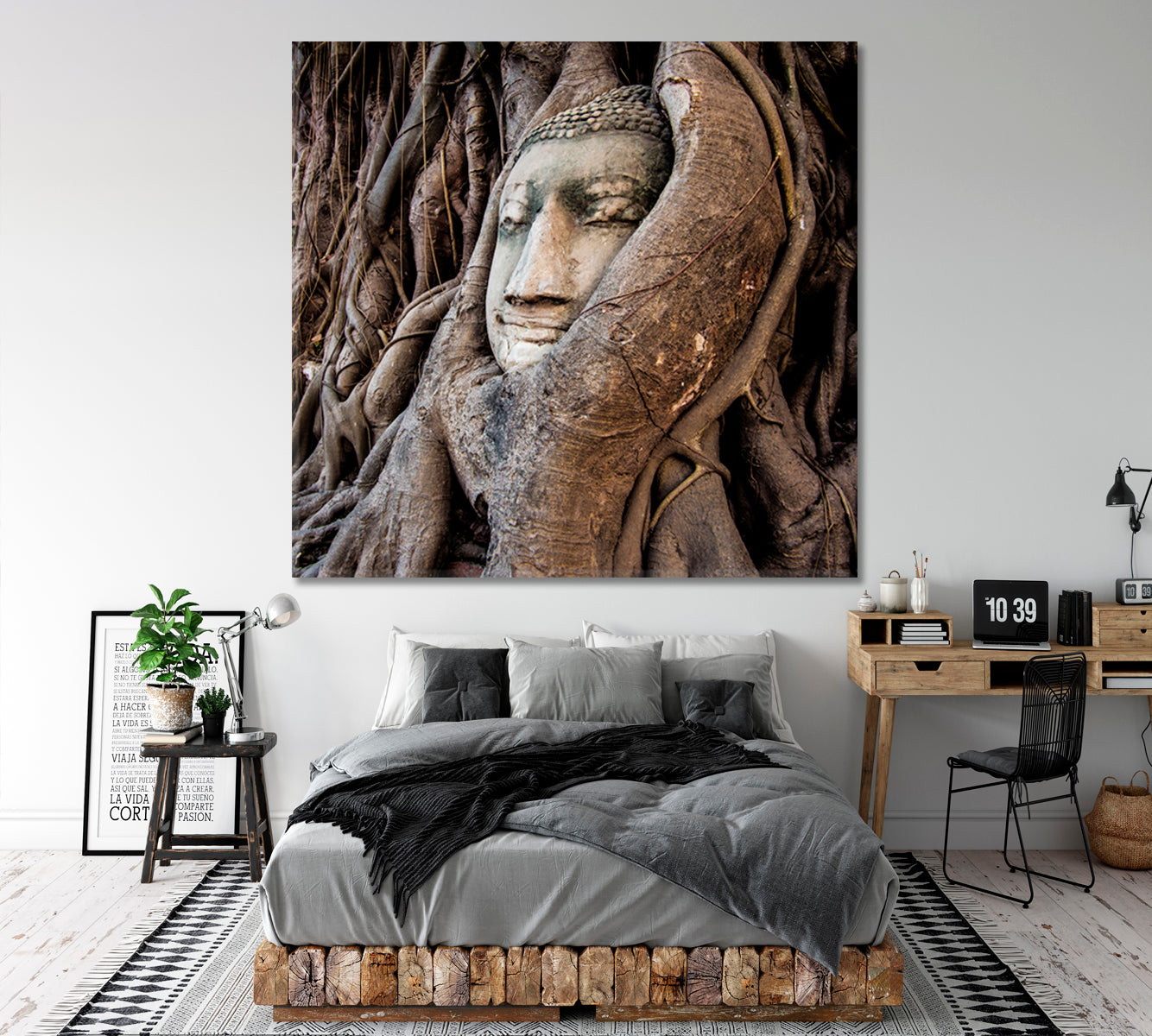 Head of Buddha Statue Tree Roots Wat Mahathat Ayutthaya Thailand Canvas Print | Square Panel Famous Landmarks Artwork Print Artesty   