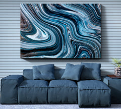 Black Blue White Overflow Liquid Acrylic Abstract Iridescent Marble Effect Fluid Art, Oriental Marbling Canvas Print Artesty   
