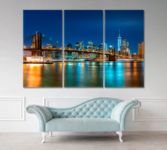 New York City Skyline  Brooklyn Bridge Park Night Panorama Cities Wall Art Artesty 3 panels 36" x 24" 