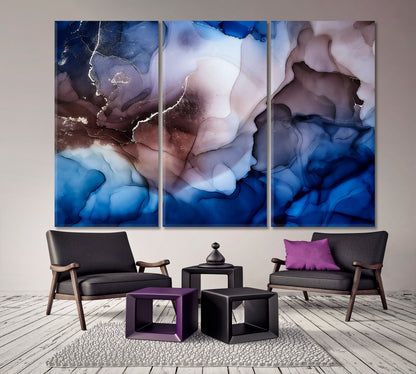 Navy Blue Purple Alcohol Ink Pattern Translucent Marble Fluid Art, Oriental Marbling Canvas Print Artesty 3 panels 36" x 24" 