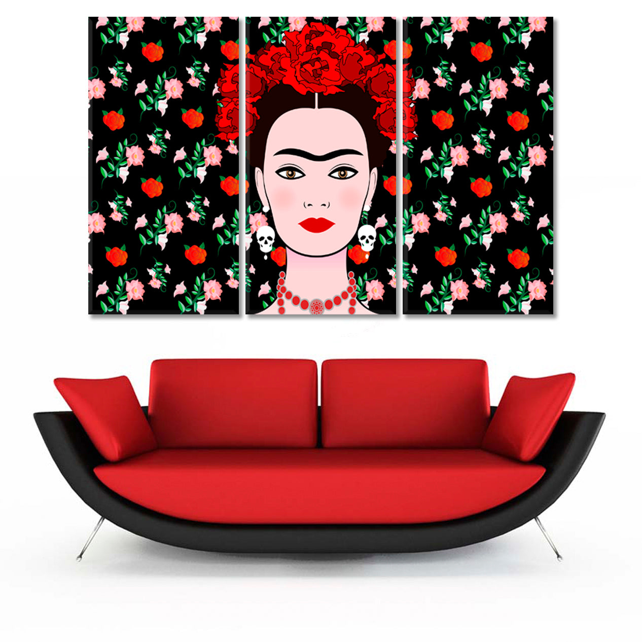 FRIDA KAHLO Portrait  Young Beautiful Mexican Woman Traditional Hairstyle Mexican Earrings Skulls Floral Background People Portrait Wall Hangings Artesty 3 panels 36" x 24" 