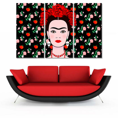 FRIDA KAHLO Portrait  Young Beautiful Mexican Woman Traditional Hairstyle Mexican Earrings Skulls Floral Background People Portrait Wall Hangings Artesty 3 panels 36" x 24" 