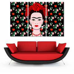 FRIDA KAHLO Portrait  Young Beautiful Mexican Woman Traditional Hairstyle Mexican Earrings Skulls Floral Background People Portrait Wall Hangings Artesty 3 panels 36" x 24" 