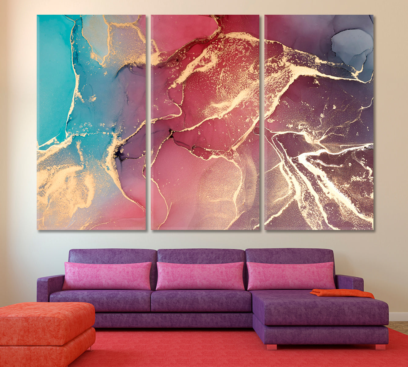Purple Pink Abstract Marble Ink Fluid Veines Fluid Art, Oriental Marbling Canvas Print Artesty 3 panels 36" x 24" 
