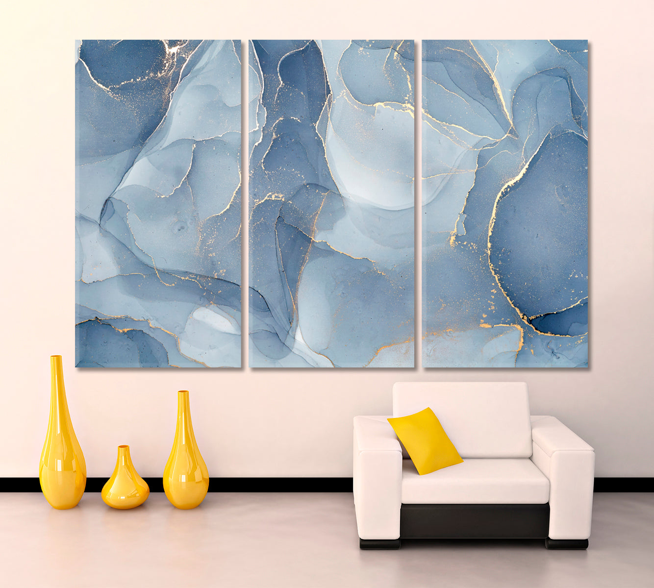 ABSTRACT SKYSCAPE Tender Soft Blue Modern Marble Pattern Fluid Art, Oriental Marbling Canvas Print Artesty 3 panels 36" x 24" 