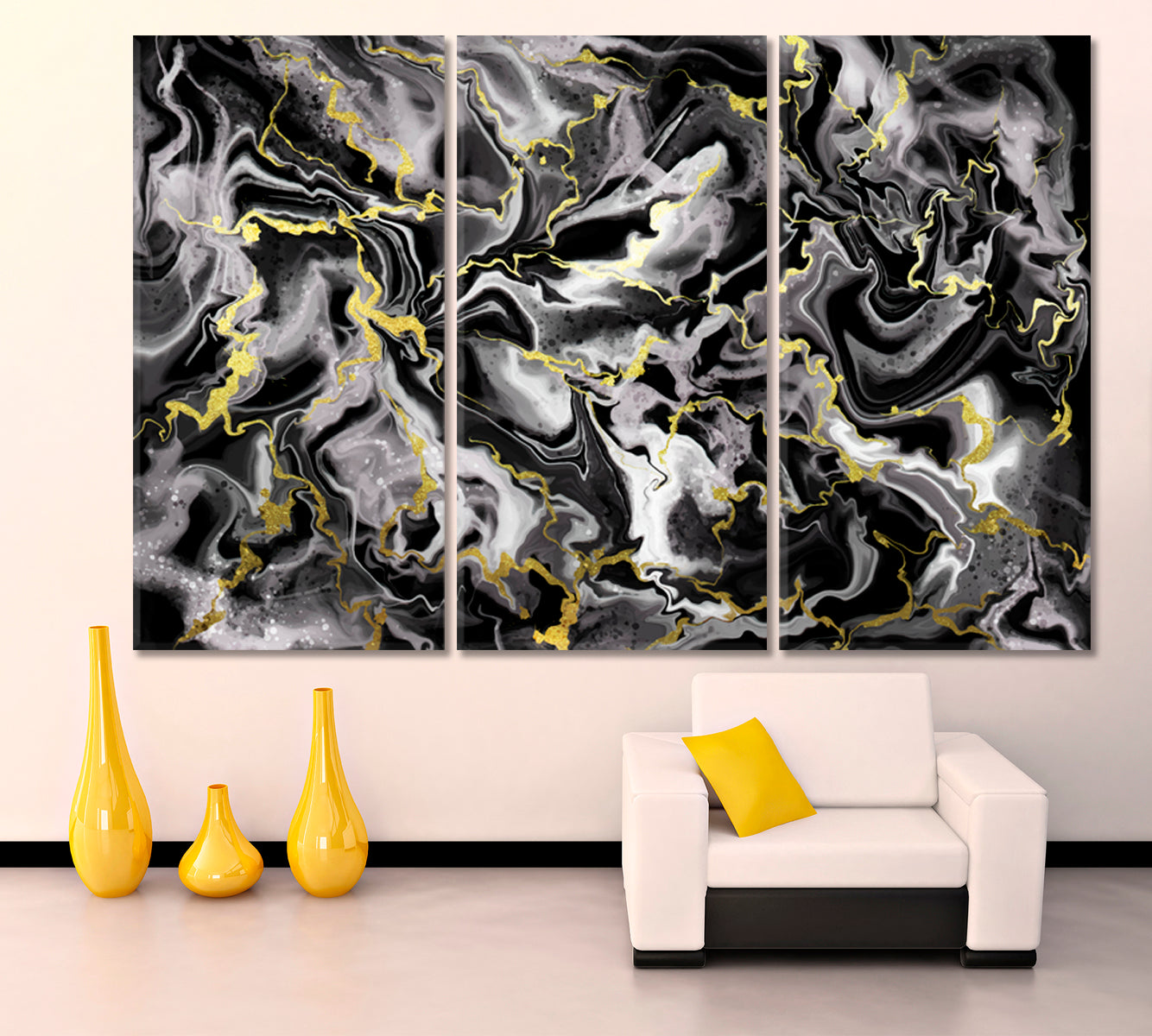 Liquid Marble Black Smoke Gold Splashes Fluid Fluid Art, Oriental Marbling Canvas Print Artesty 3 panels 36" x 24" 